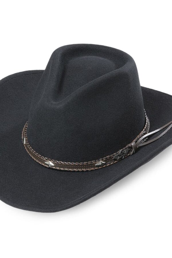 Sombrero de fieltro de lana negro modelo Dallas con cinta de cuero en Country and Roses.