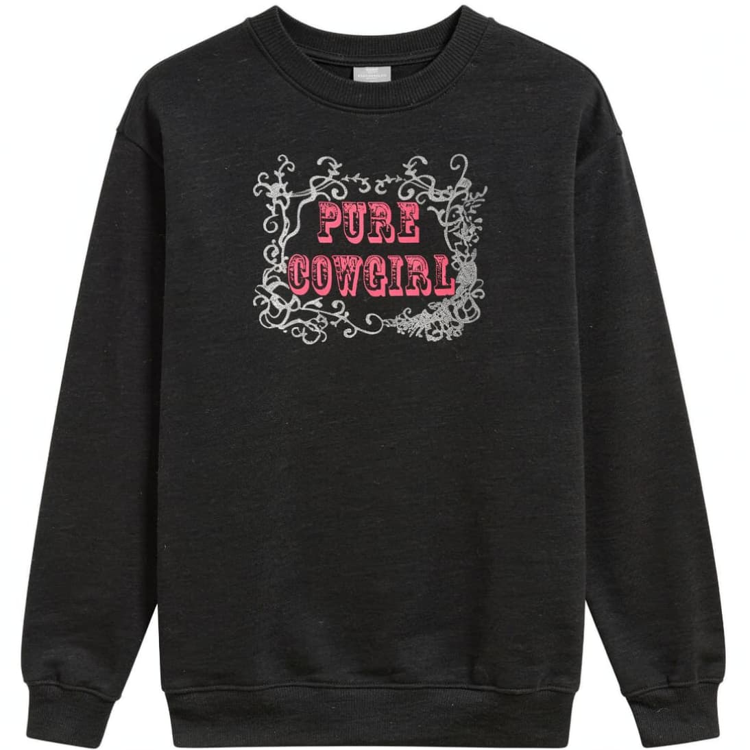 Vista frontal de la sudadera gris oscuro para mujer con diseño Pure Cowgirl.