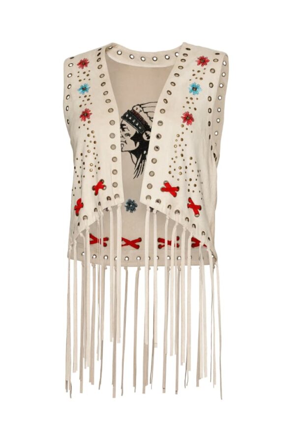 Chaleco bordado para mujer Joleen Sand con flores y flecos estilo western en Country and Roses.