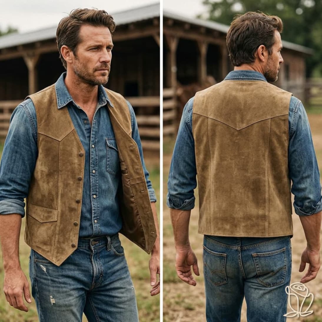 Vistas frontal con chaleco abierto y trasera de hombre luciendo chaleco western beige
