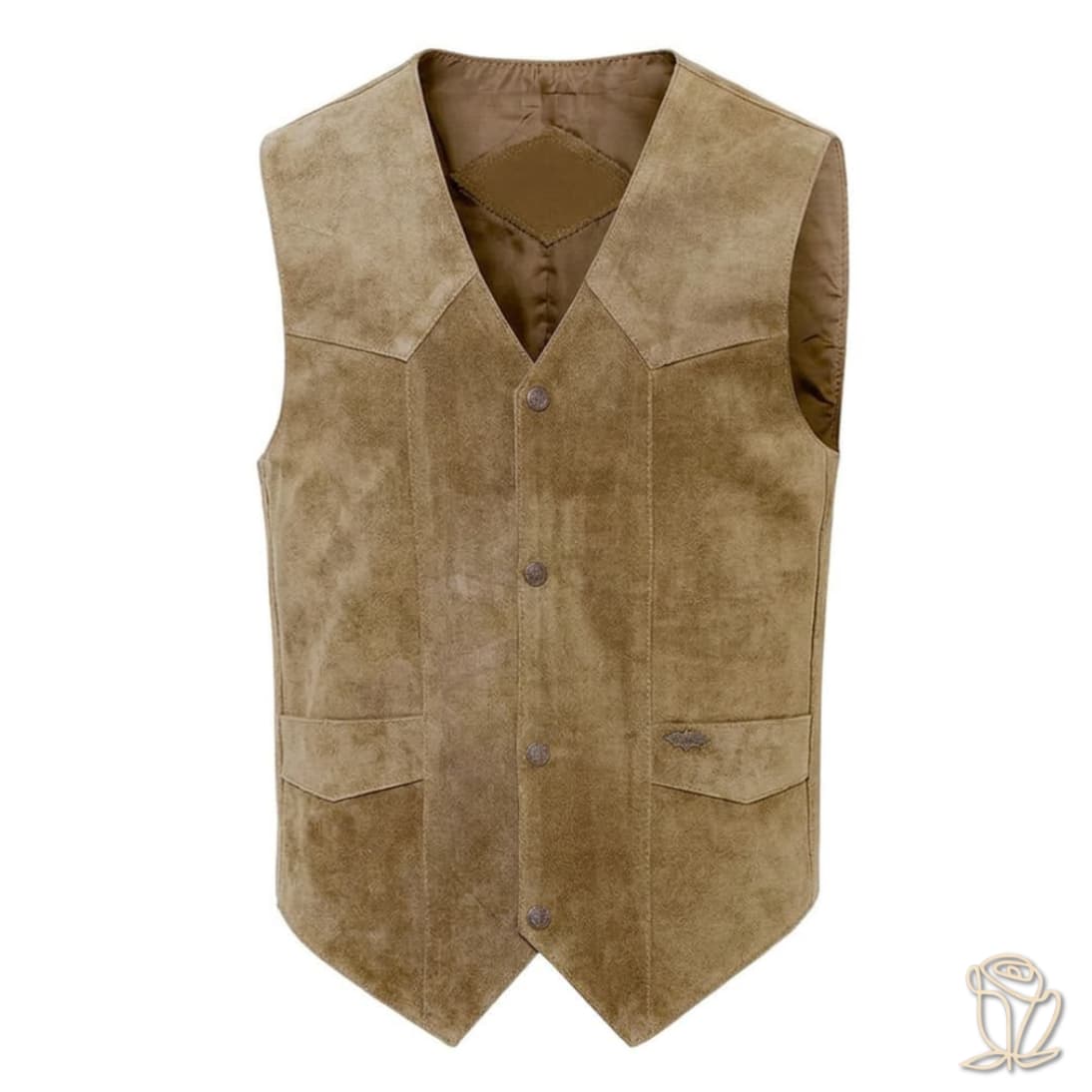 Plano frontal del chaleco western de serraje beige con bolsillos y botones a presión