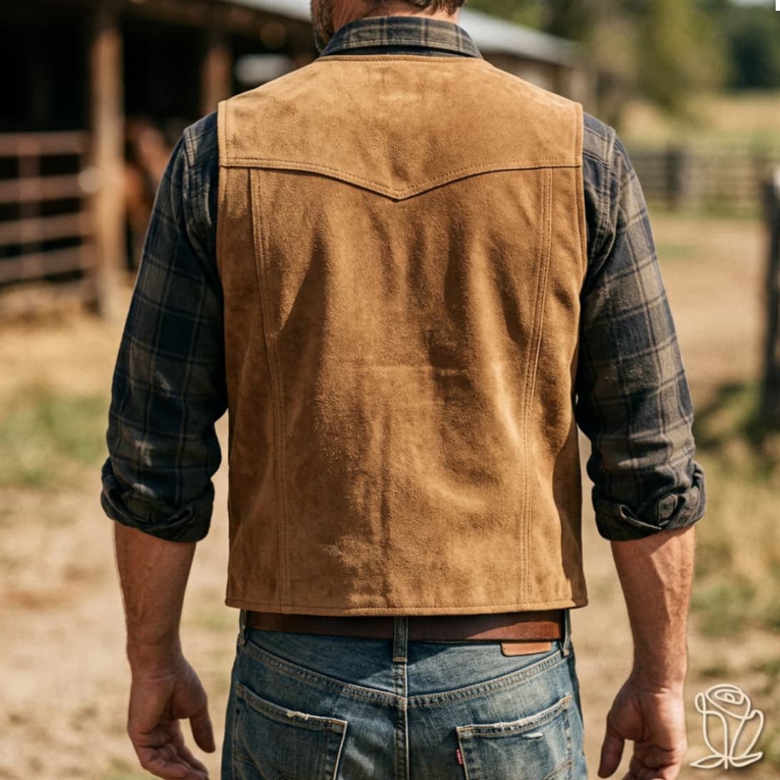 Vista trasera de hombre con chaleco western de serraje beige y canesú en pico