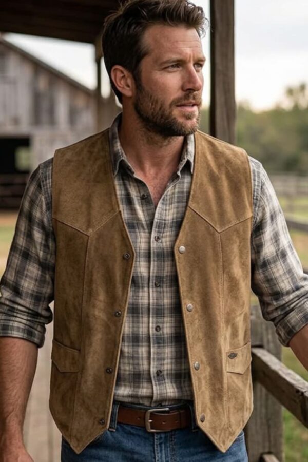 Hombre luciendo chaleco western de serraje beige con botones metálicos en un rancho