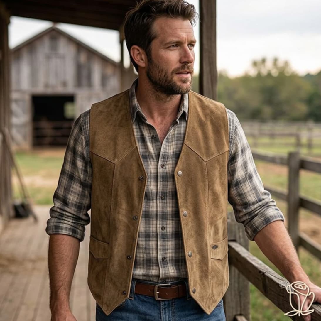 Hombre luciendo chaleco western de serraje beige con botones metálicos en un rancho