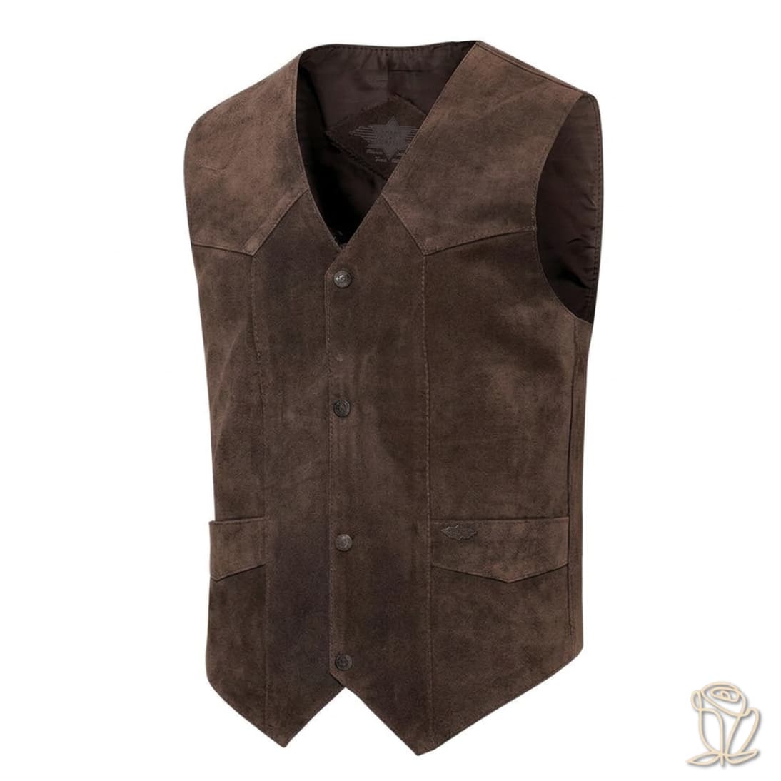 Plano frontal del chaleco western de serraje marrón chocolate con bolsillos y botones automáticos