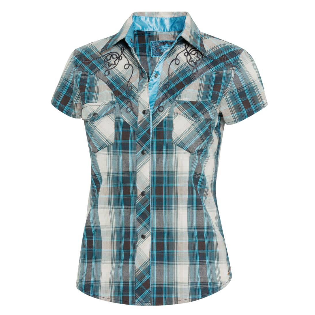 Vista frontal de la camisa Josie a cuadros azules y blancos con bolsillos y bordados.