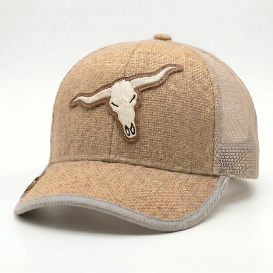 Gorra Beisbol Longhorn de frente en tejido de arpillera con parche de cráneo de toro de cuernos largos y visera rígida.
