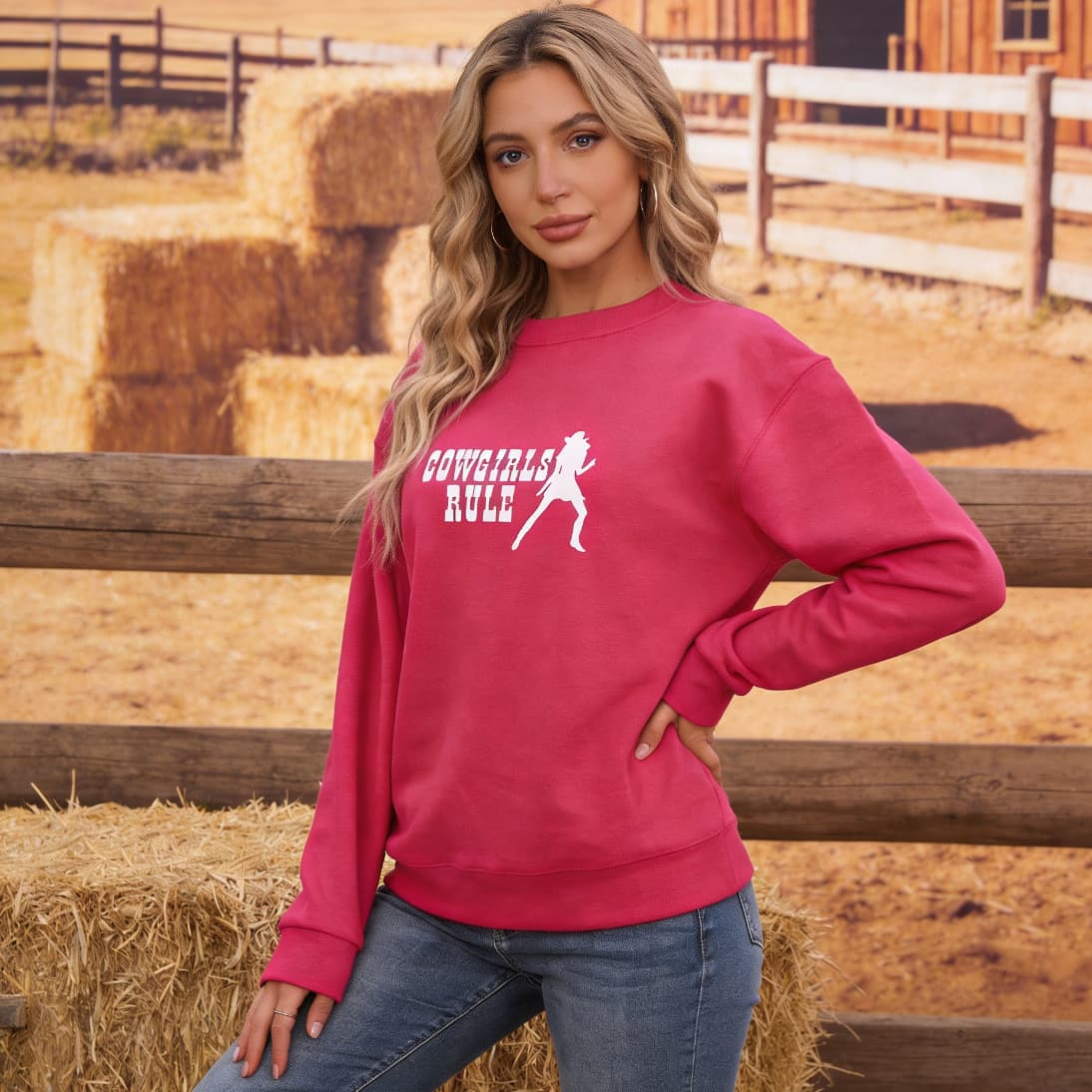 Modelo vistiendo la sudadera rosa para mujer Cowgirls Rule para mostrar el ajuste real.