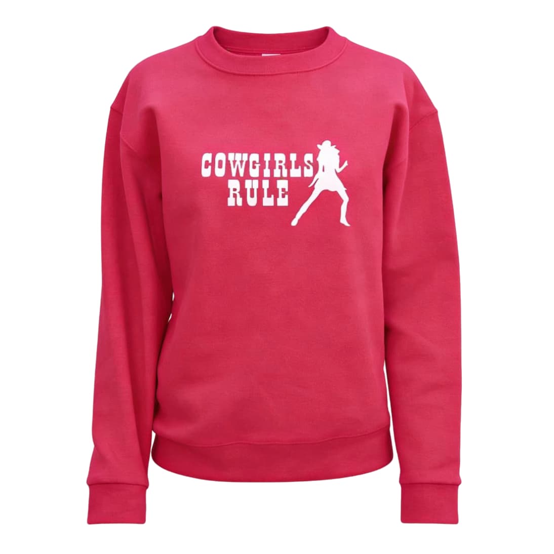 Vista frontal de la sudadera rosa para mujer Cowgirls Rule con diseño impreso.