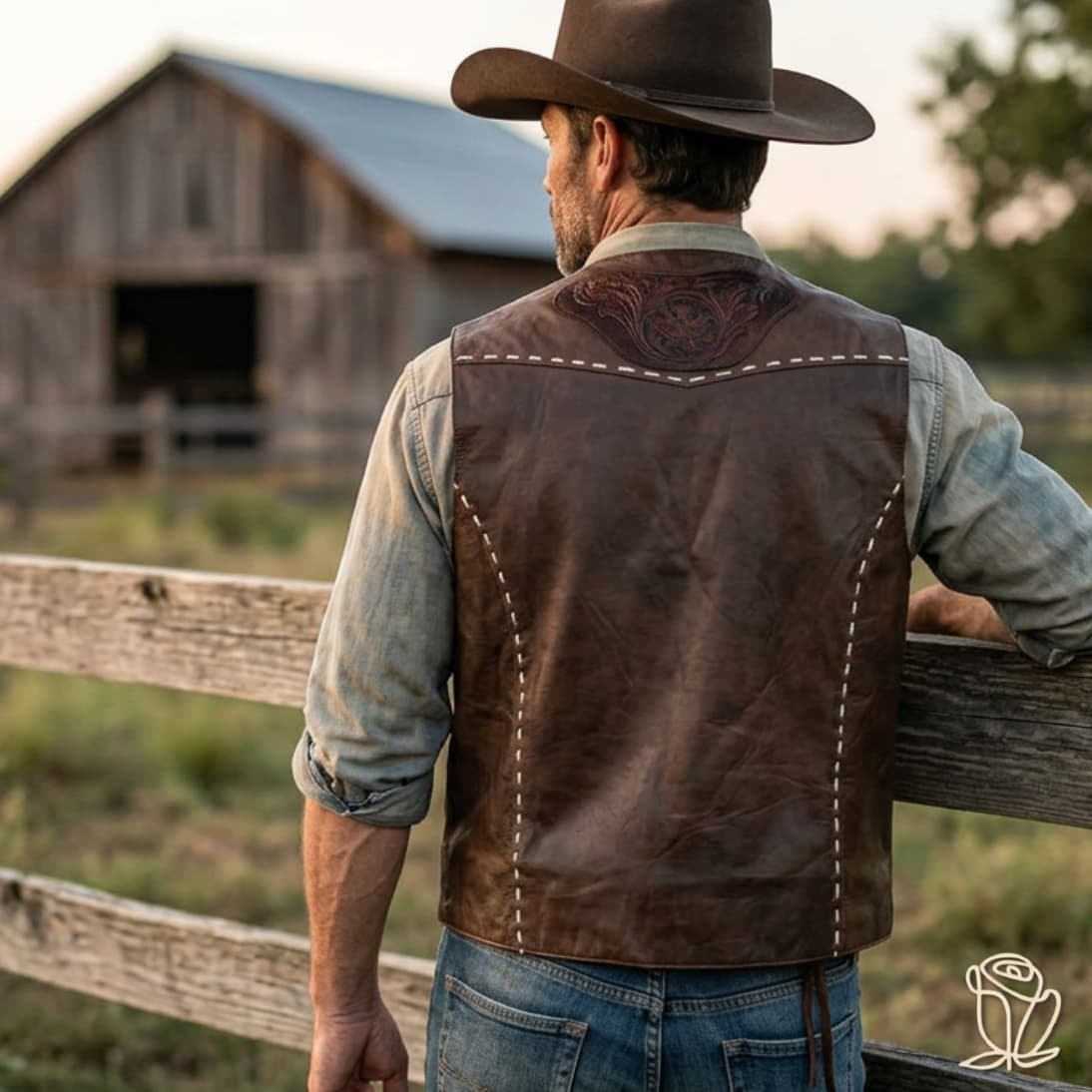 Vista trasera de hombre luciendo chaleco western de cuero marrón con costuras decorativas claras y grabado en la espalda