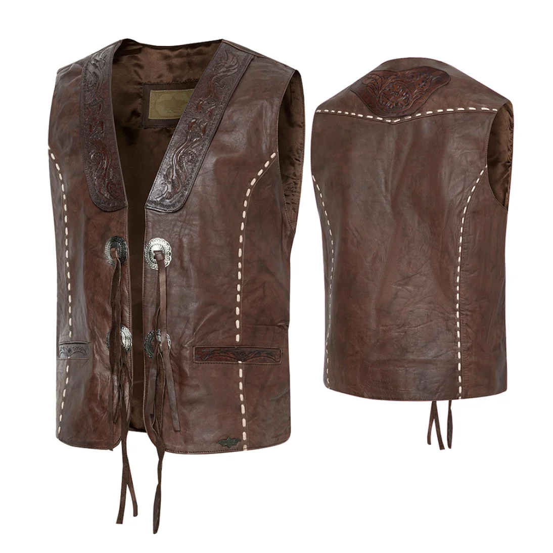 Vistas frontal y trasera combinadas del chaleco western de cuero marrón para hombre