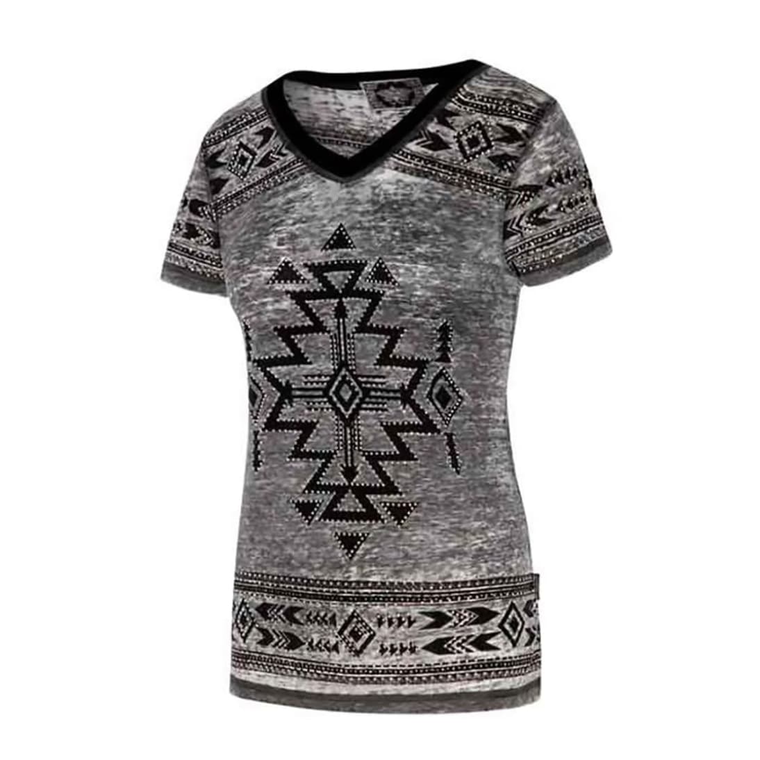 Vista frontal completa de la camiseta gris motivos étnicos Lana con diseño geométrico.