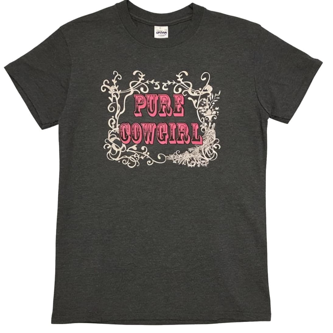 Vista frontal de la camiseta gris oscuro para mujer con diseño Pure Cowgirl.