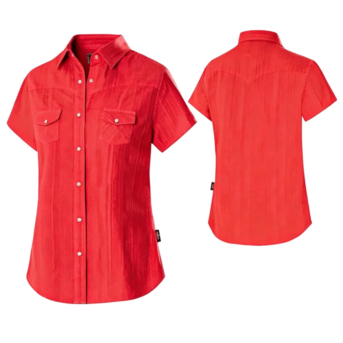 Perspectiva de la camisa roja Malina Red mostrando el diseño delantero y trasero juntos.