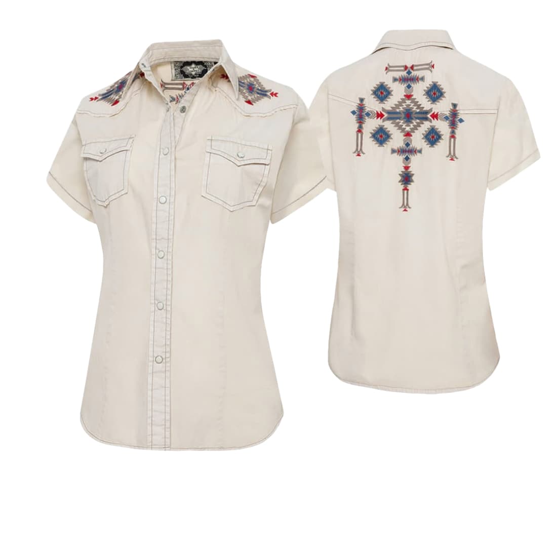 Perspectiva delantera y trasera de la camisa de algodón con bordados aztecas Betty.