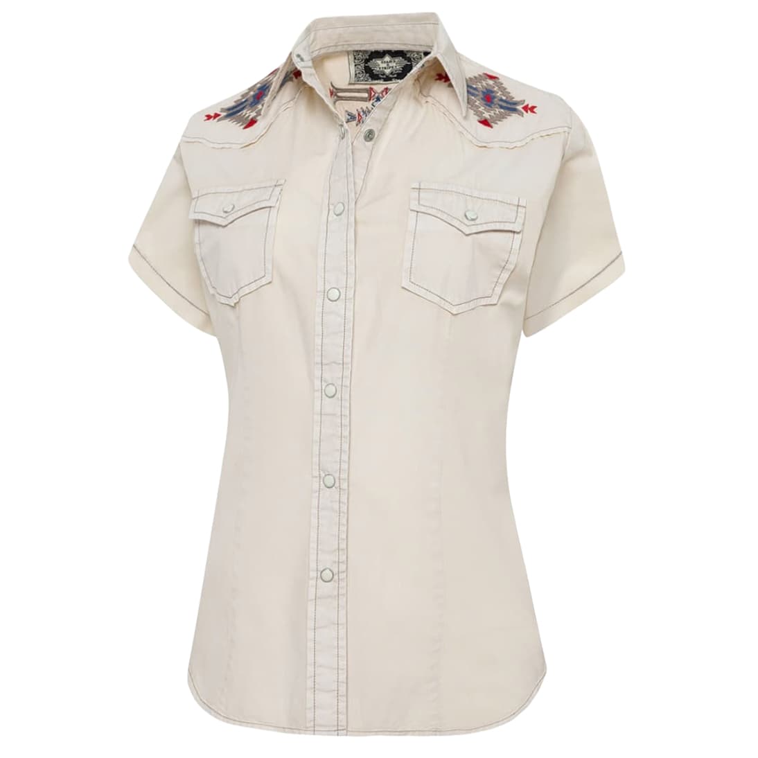 Vista frontal de la camisa de manga corta beige claro Betty con bordados étnicos.