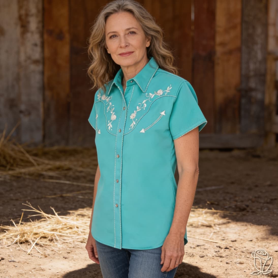 Modelo vistiendo camisa azul con bordados estilo western en un entorno rural.