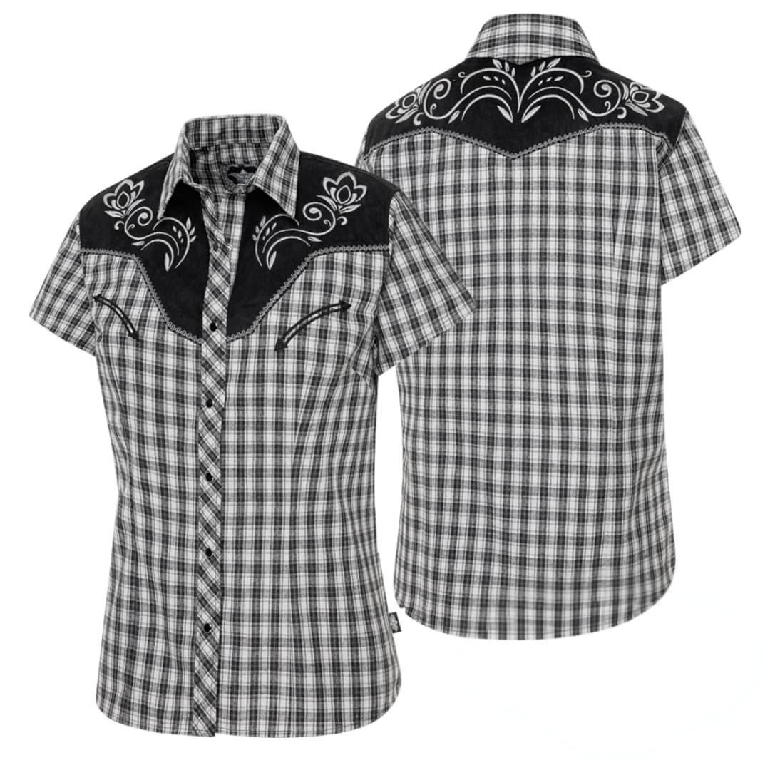 Primer plano de los acabados y las flores bordadas en la camisa.
