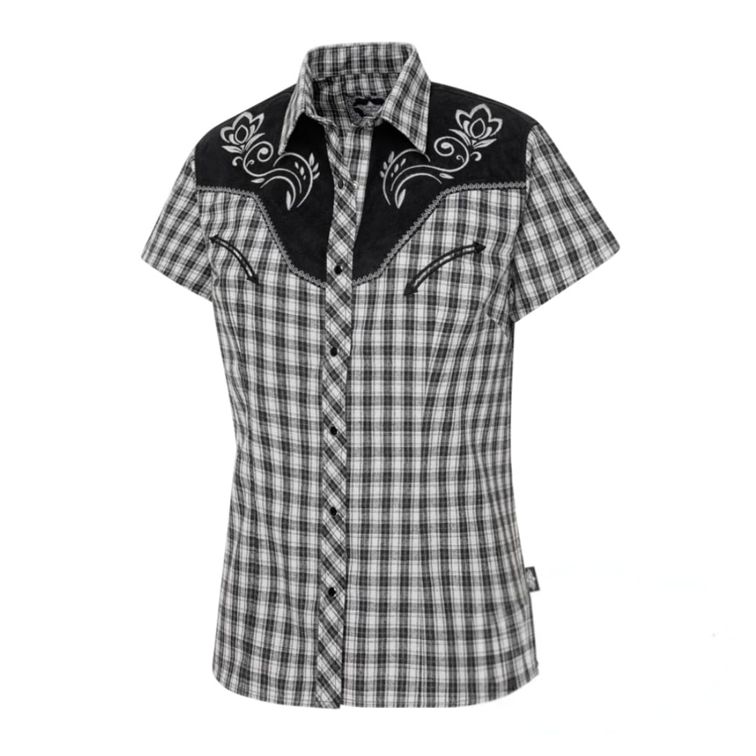 Vista frontal de la camisa Clara con detalles de bordados florales.
