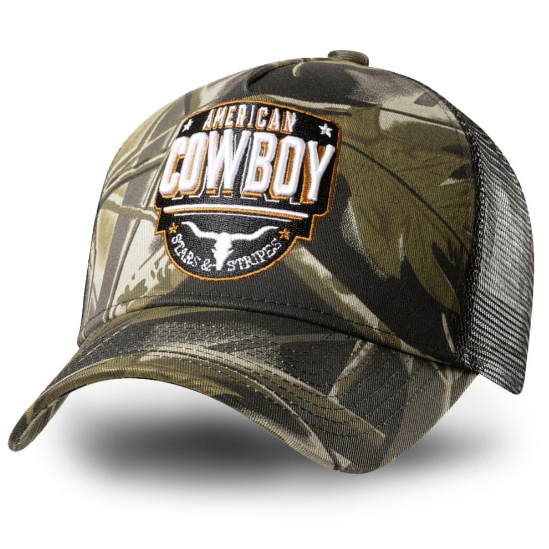 Gorra American Cowboy con diseño de camuflaje y bordado frontal en venta en Country and Roses.