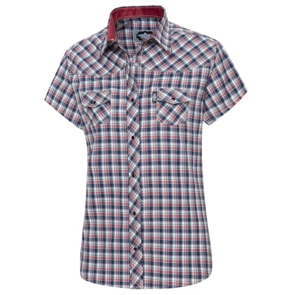 Vista frontal de la camisa country Caroline a cuadros azules y blancos con detalles en el cuello.