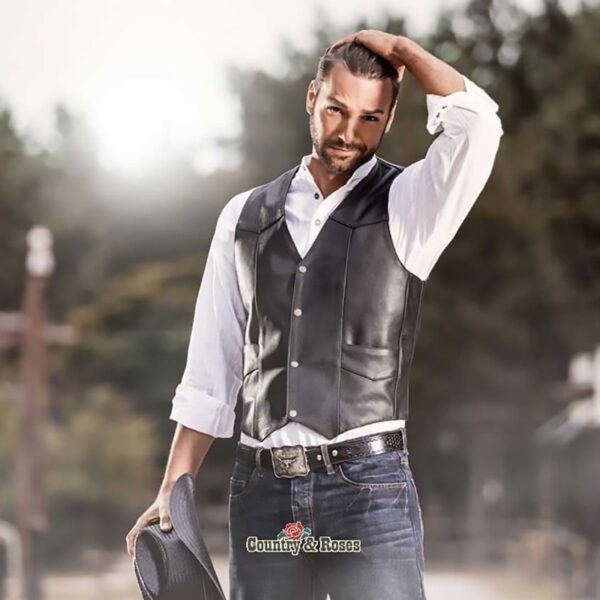 Chaleco cuero negro 3 bolsillos para hombre