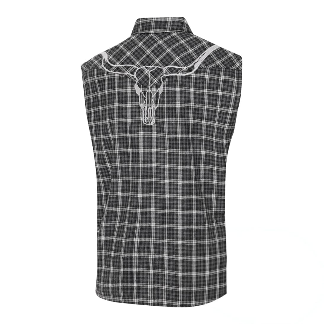Bordado de calavera de toro estilo western en la espalda de la camisa sin mangas Jacob.