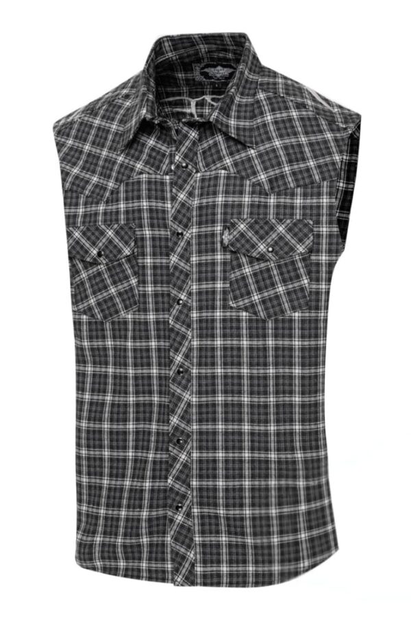 Camisa western sin mangas Jacob con diseño de cuadros oscuros y botones de presión.