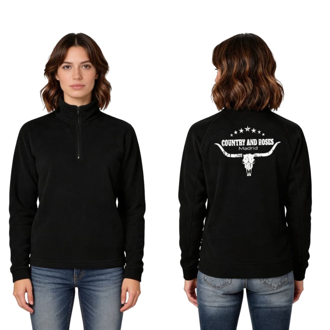 Modelo vistiendo el forro polar negro Longhorn para mujer, mostrando el ajuste delantero y trasero.