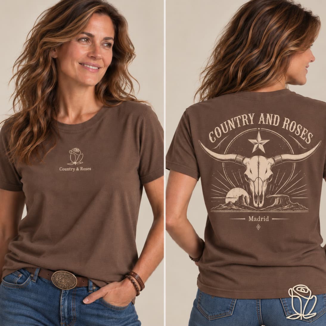 Mujer luciendo camiseta western marrón de manga corta con diseño de cráneo de toro en la espalda y logo frontal