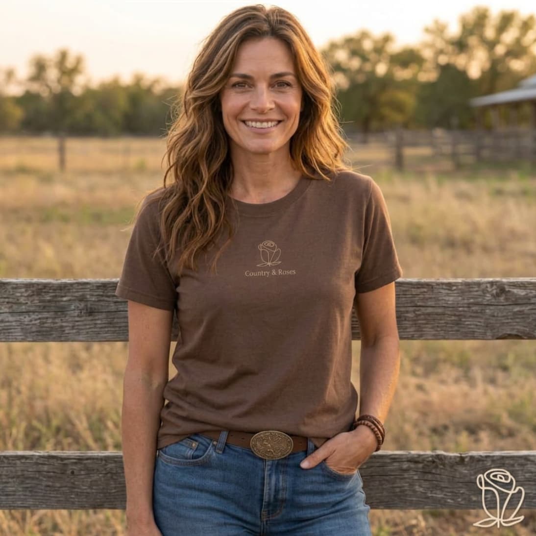 Mujer sonriendo en un rancho luciendo camiseta western marrón de manga corta con logo frontal de rosa