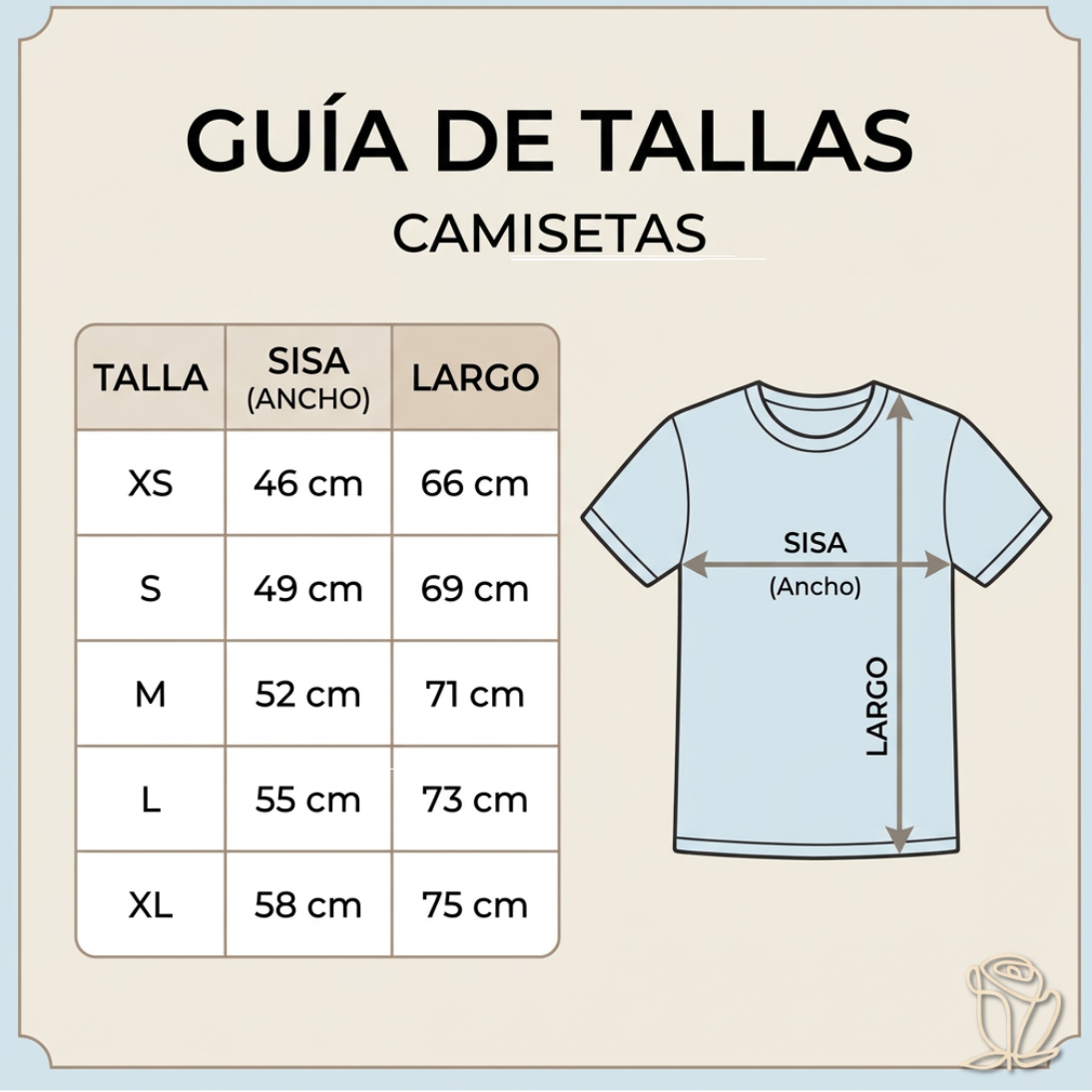 Tabla de medidas y guía de tallas para la camiseta western de mujer con indicaciones de ancho de sisa y largo en centímetros